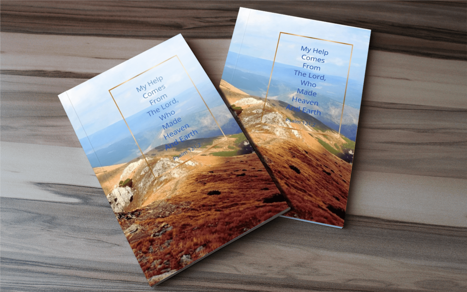 Mockup of 6x9 blank journal with glossy cover featuring mountain photo and Psalm 121 verse