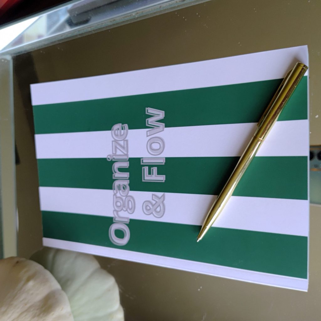 Organize & Flow notebook – green and white striped cover, 6x9 inch lined journal
