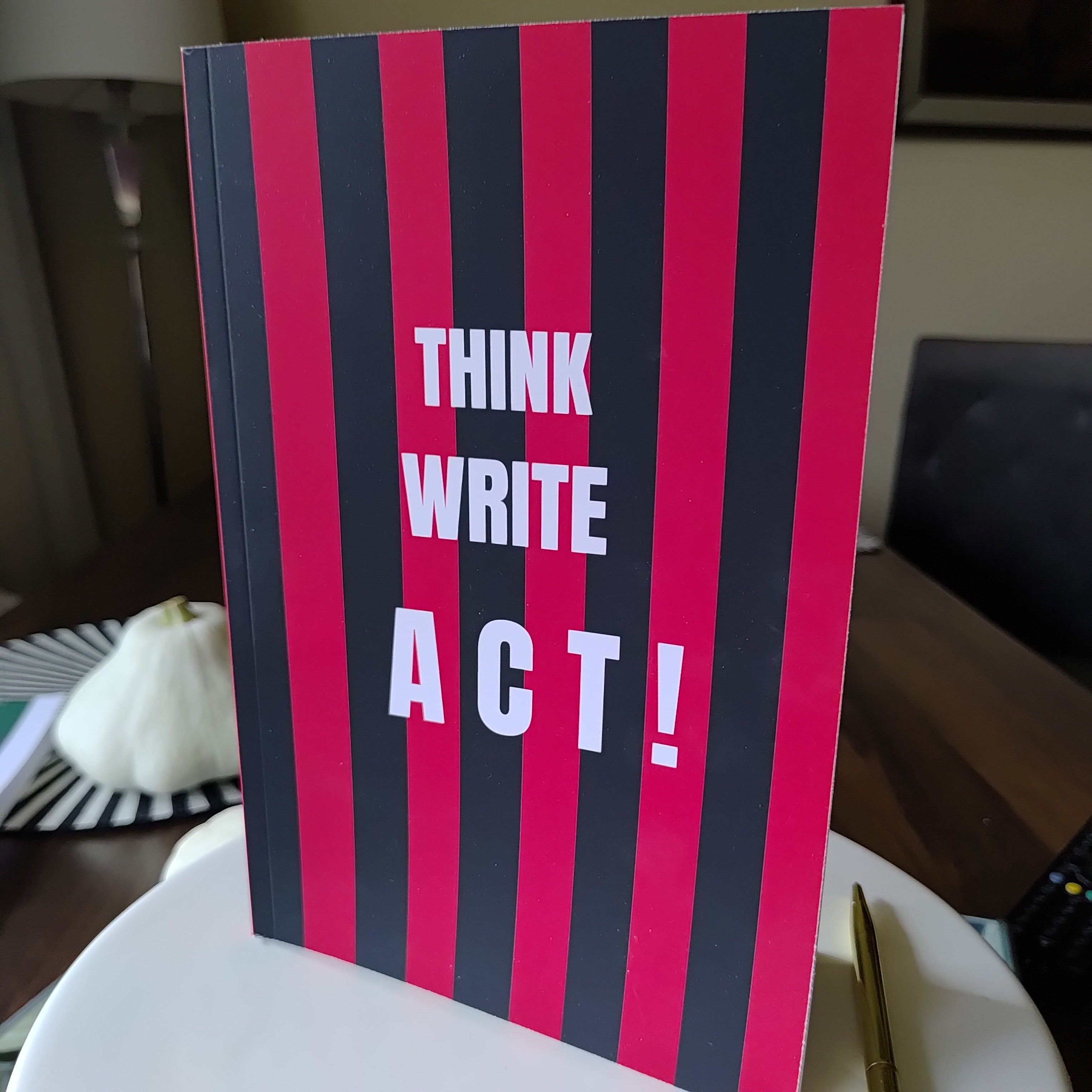 Red and black striped notebook with white 'Think. Write. Act!' text, 100 lined pages, 6x9 inches.